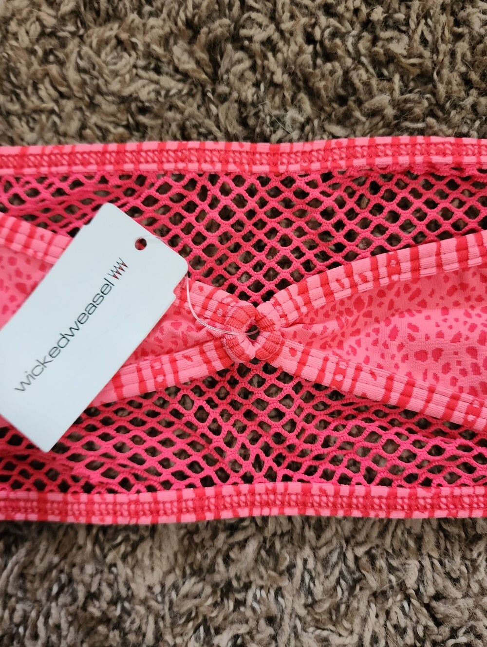 Wicked Weasel Strapless Swim Top Vibrant Neon Coral Unique Fish Net Large NWT - Picture 3 of 5